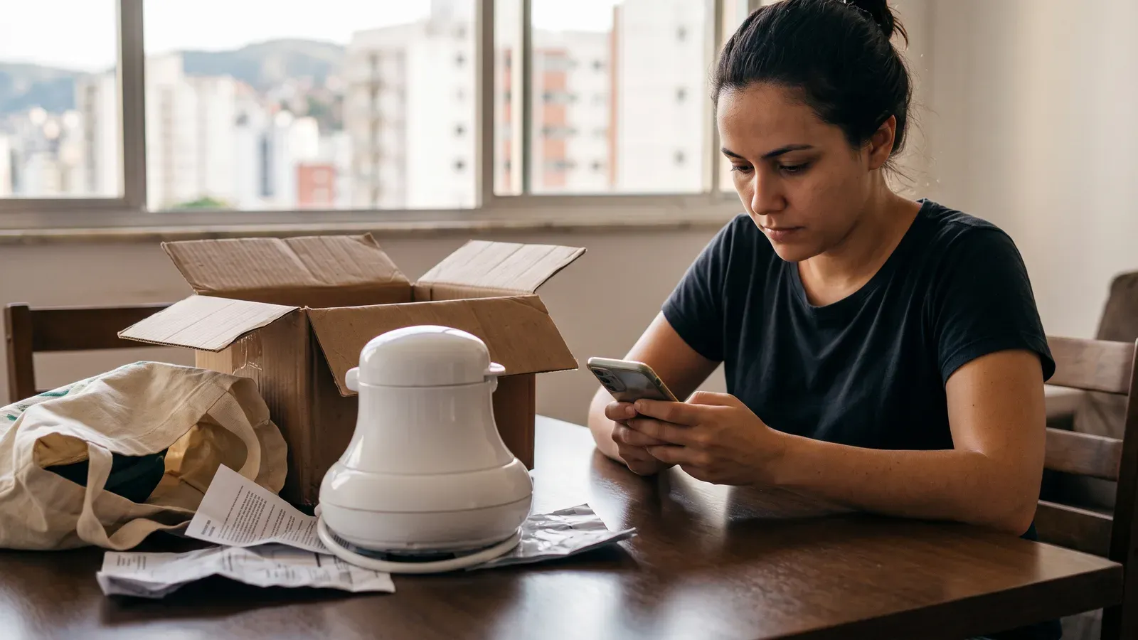 Mulher à mesa consulta o celular ao lado de um chuveiro elétrico branco, da caixa aberta e do termo de garantia, com prédios e montanhas na janela