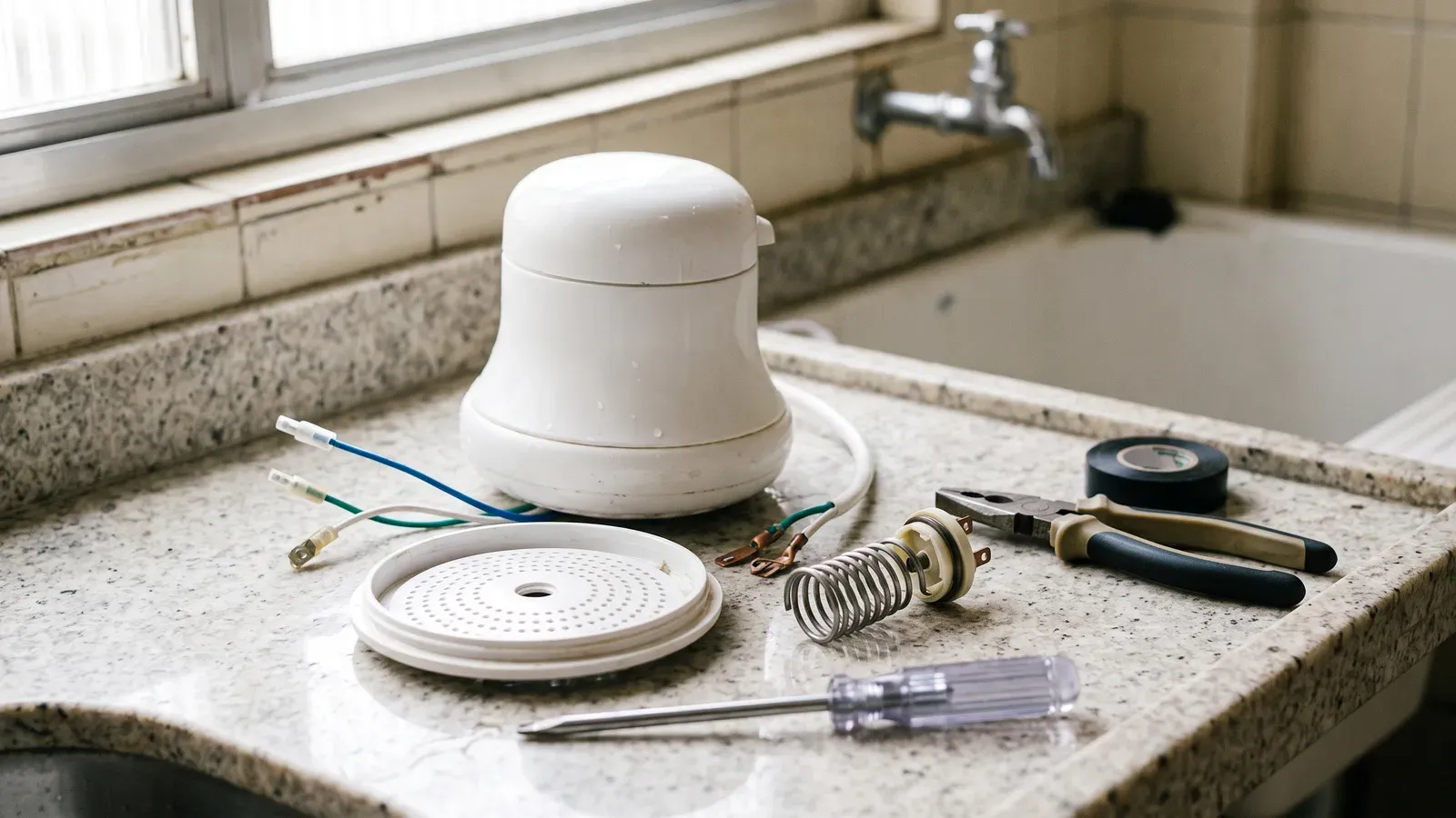 Chuveiro elétrico branco desmontado sobre a bancada de granito, com a resistência, o espalhador, os fios, um alicate, uma chave de fenda e fita isolante